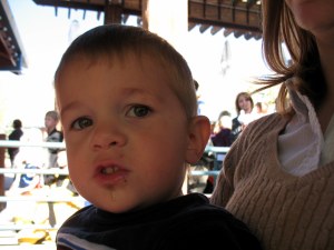 The Romgi gave Brandon candy to make me look even more like the bad guy. It calmed Brandon down, and we went on a train ride. So nice to sit down!