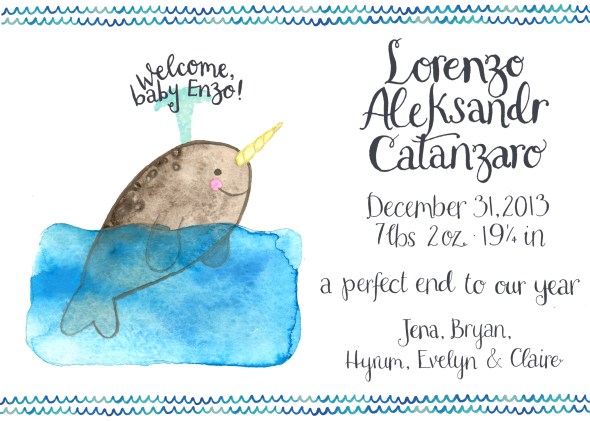 My brother- and sister-in-law had me design 2 baby announcements: this narwhal and the hedgehog below.